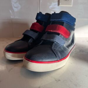Mini Boden High-Top Leather Navy Blue Sneakers with Red & Blue Straps. Size 36/4